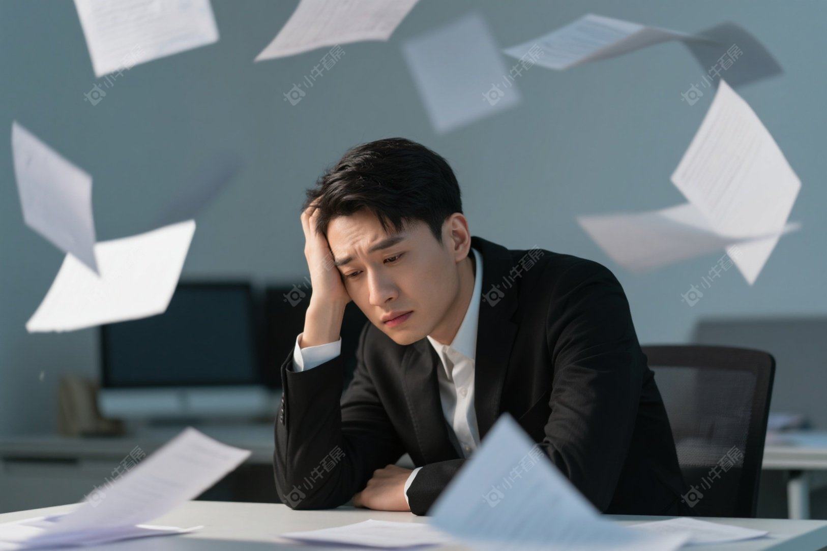 商务人像现代职场男性白领焦虑疲惫办公桌前双手抱头纸张飞舞人像照片（商业使用）